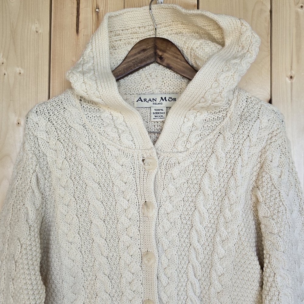 Aran Mor Ireland Cable Knit Cardigan Sweater Merino Wool Cream Womens Large - Picture 2 of 16